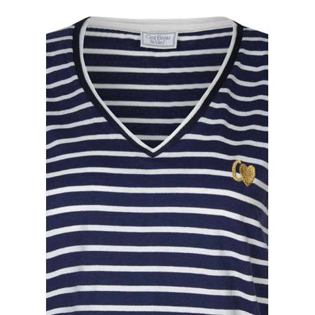 T-shirt en coton marine à rayures avec une coupe coupe droite et un col en V - Image 3