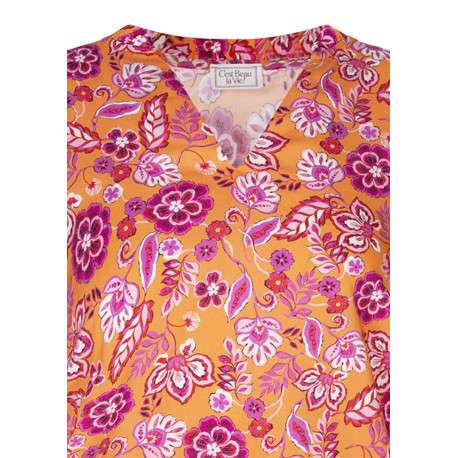 Blouse orange florale pourvue d'une coupe ample et des manches 3/4 - Image 3