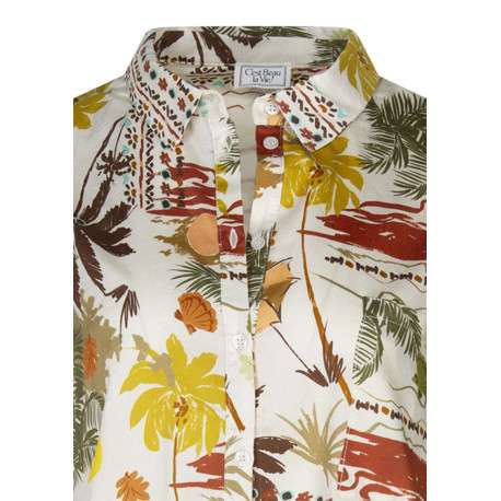 Chemisier en coton écru à motifs avec une coupe droite et un col chemise - Image 3