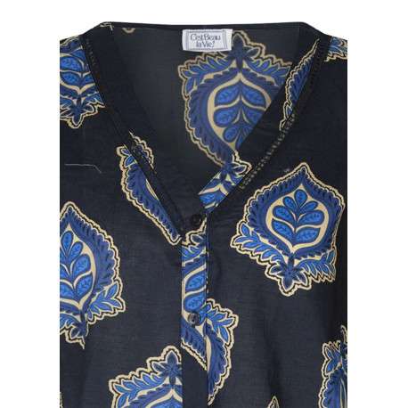 Blouse en coton marine imprimée pourvue d'une coupe ample et d'un col en V - Image 3