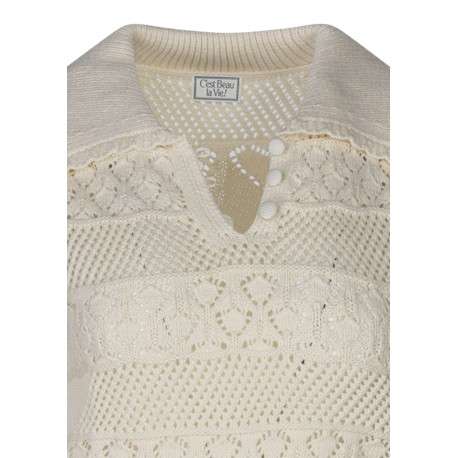 Pull écru uni en crochet pourvu d'une coupe droite et d'un col polo - Image 3