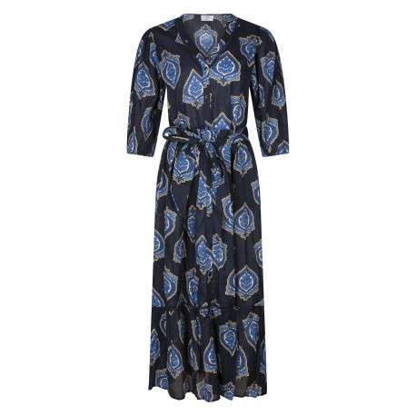 Robe longue en coton marine imprimée pourvue d'une coupe large