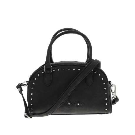 Sac porte-main noir uni pourvu de strass sur le pourtour avec des anses