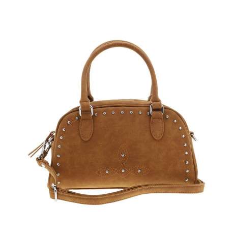 Sac porte-main camel uni pourvu de strass sur le pourtour avec des anses