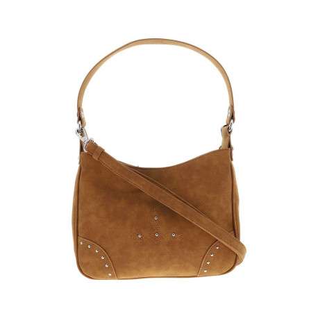 Sac porté épaule camel uni avec des strass et une fermeture zippée