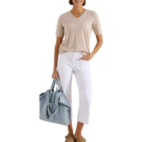 Pantalon en coton mélangé blanc uni pourvu d'une coupe droite - Image 5