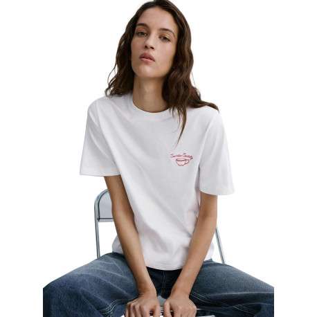 T-shirt en coton blanc uni pourvu d'une tasse à café brodée sur le coeur - Image 5
