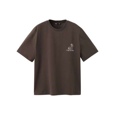 T-shirt en coton marron uni pourvu d'une cafetière brodée sur le coeur