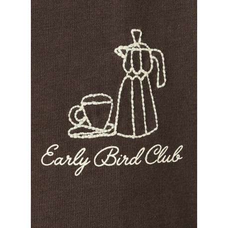T-shirt en coton marron uni pourvu d'une cafetière brodée sur le coeur - Image 2