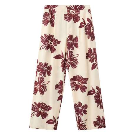 Pantalon beige à motifs pourvu d'une coupe large et de détails plissés