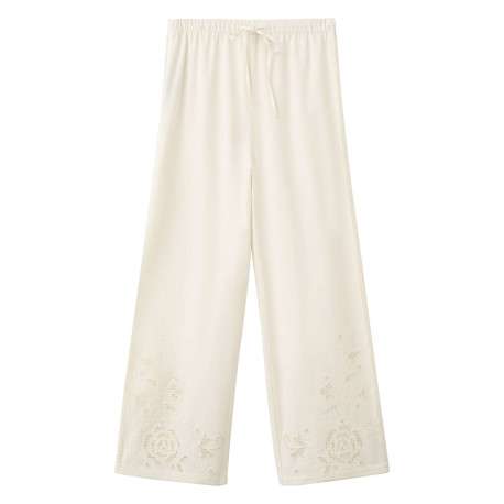 Pantalon en coton mélangé écru uni pourvu de détails brodés et ajourés