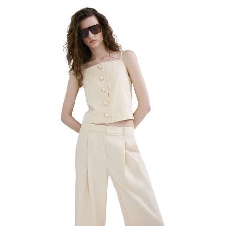 Pantalon beige uni pourvu d'une coupe droite et de passants pour la ceinture - Image 6