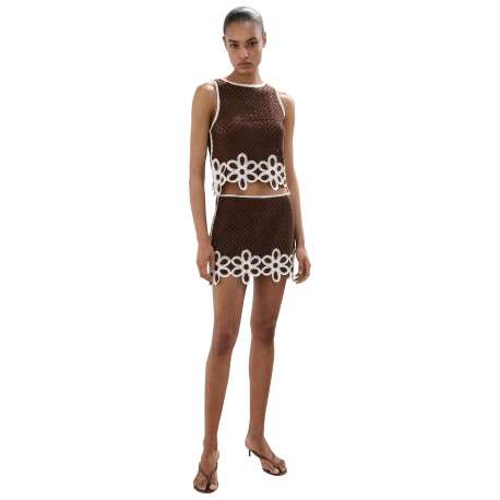 Jupe courte marron unie pourvue d'une coupe droite et d'une taille mi-haute - Image 3