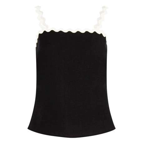 Top noir uni pourvu d'une coupe ajustée et de finitions festonnées contrastées