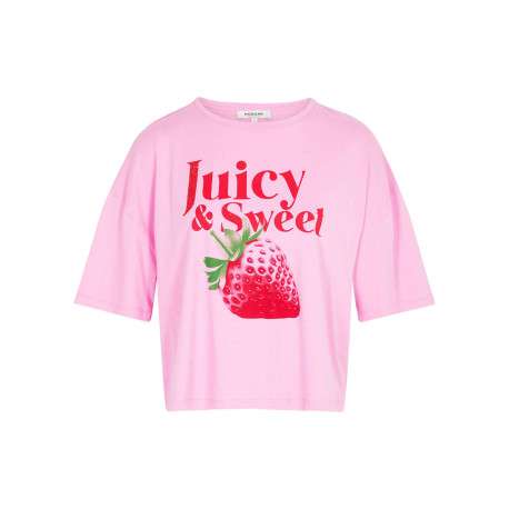 T-shirt rose uni pourvu d'un imprimé fraise et d'un col rond