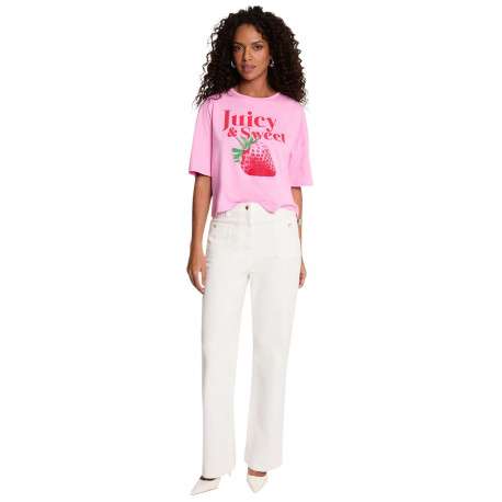 T-shirt rose uni pourvu d'un imprimé fraise et d'un col rond - Image 2