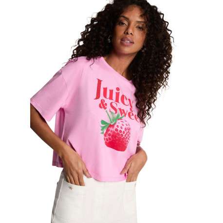 T-shirt rose uni pourvu d'un imprimé fraise et d'un col rond - Image 4
