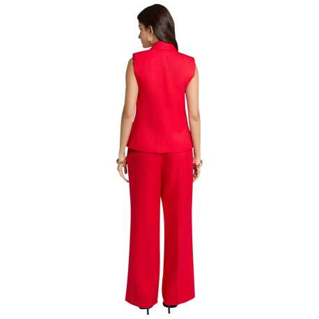 Pantalon rouge uni pourvu d'une coupe large et de détails plissés - Image 3