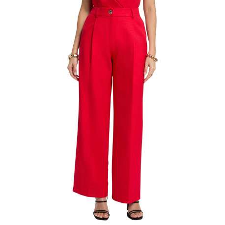 Pantalon rouge uni pourvu d'une coupe large et de détails plissés - Image 4