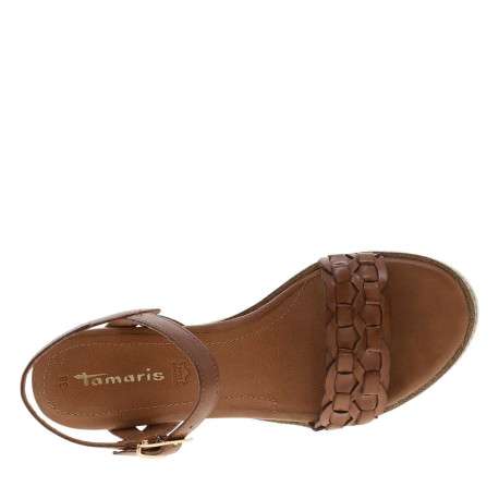 Nu-pieds en cuir cognac à semelle compensé et à boucle à ardillon - Image 4