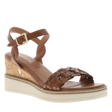 Nu-pieds en cuir cognac à semelle compensé et à boucle à ardillon - Image 3