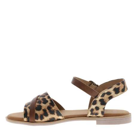 Nu-pieds léopard à semelle plate avec une fermeture à boucle à ardillon