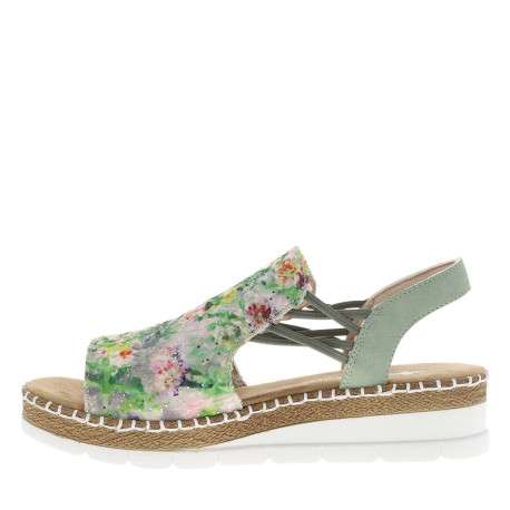 Nu-pieds vert à semelle compensée avec des soufflets élastiqués