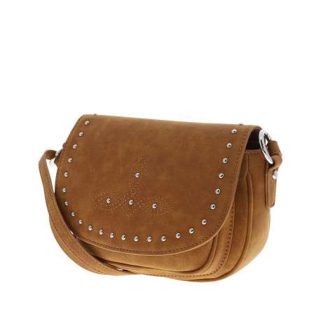 Sac bandouliere camel uni avec une fermeture zippée à rabat pression - Image 2