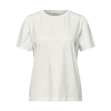 T-shirt blanc à rayures pourvu de détails plissés sur les épaules