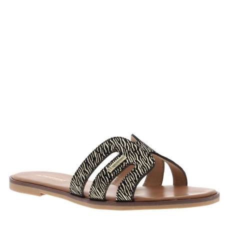 Mules en cuir noires à semelle plate avec un effet zébré doré à l'avant - Image 3