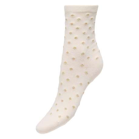 Chaussettes hautes beiges à pois dorés sur le pourtour