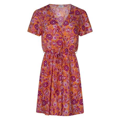 Robe courte orange florale pourvue d'une coupe évasée et des manches courtes