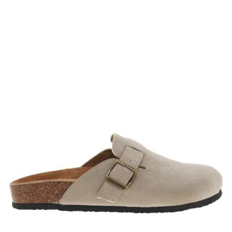 Mules taupe avec un talon plat et pourvues d'une boucle à ardillon