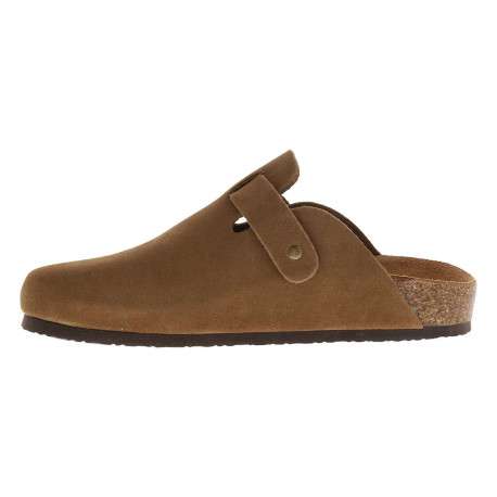 Sabots camel en cuir avec un talon plat et une boucle à ardillon