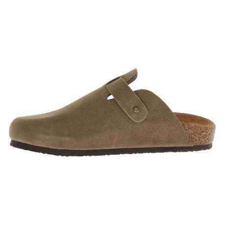 Sabots Sahara en cuir taupe avec un talon plat et à boucle à ardillon