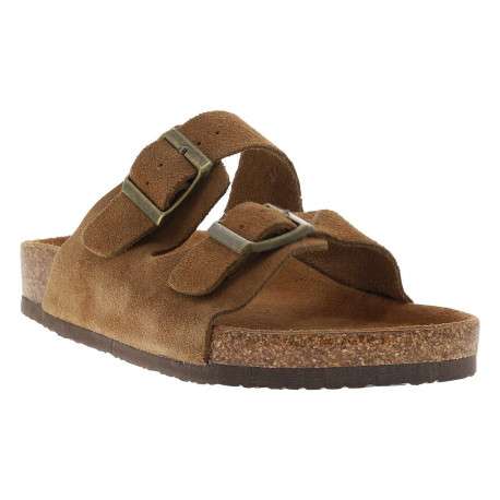 Mules camel en cuir avec un talon plat et deux boucles à ardillon - Image 3