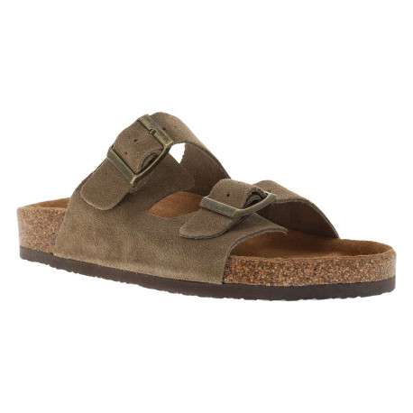 Mules taupe en cuir avec un talon plat et deux boucles à ardillon - Image 3