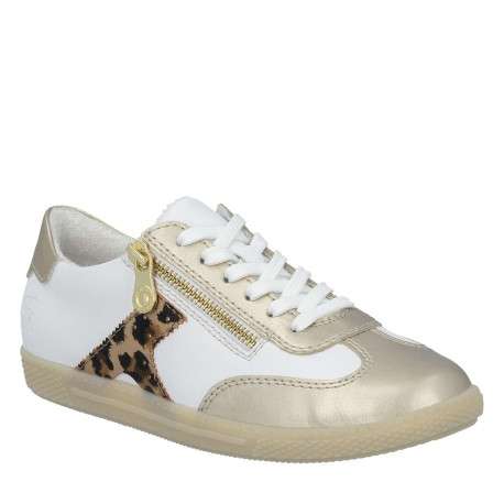 Tennis blanche et dorée à talon plat avec des lacets plats et un zip doré - Image 3