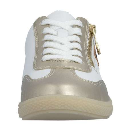 Tennis blanche et dorée à talon plat avec des lacets plats et un zip doré - Image 7