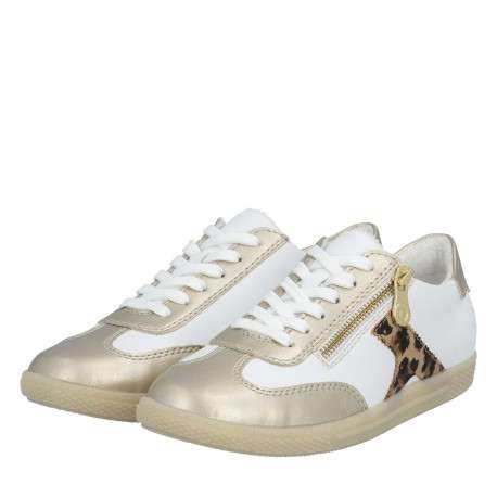 Tennis blanche et dorée à talon plat avec des lacets plats et un zip doré - Image 8