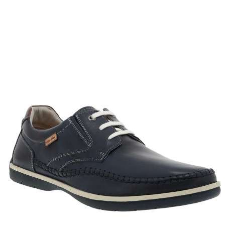 Derbies bleu marine en cuir avec un talon plat et des lacets blancs - Image 3