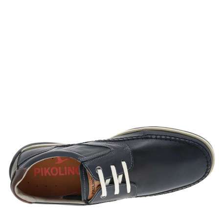 Derbies bleu marine en cuir avec un talon plat et des lacets blancs - Image 4