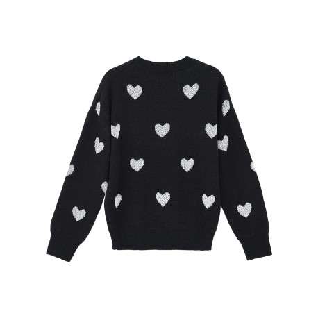 Pull noir en maille fine avec une coupe droite et des cœurs argentés brodés - Image 2