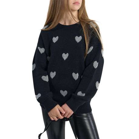 Pull noir en maille fine avec une coupe droite et des cœurs argentés brodés - Image 4