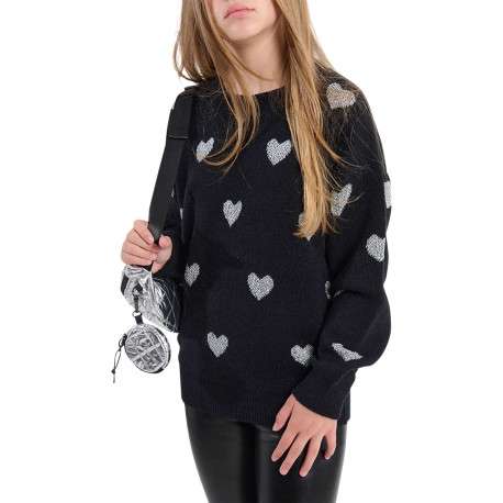 Pull noir en maille fine avec une coupe droite et des cœurs argentés brodés - Image 5