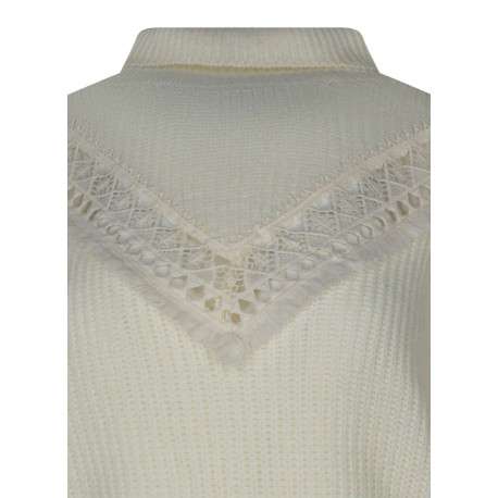Pull écru uni coupe droite avec un col roulé et des détails en dentelle - Image 3