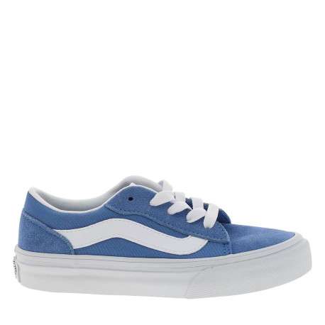 Baskets bleues en cuir avec un talon plat et des lacets blancs - Image 2