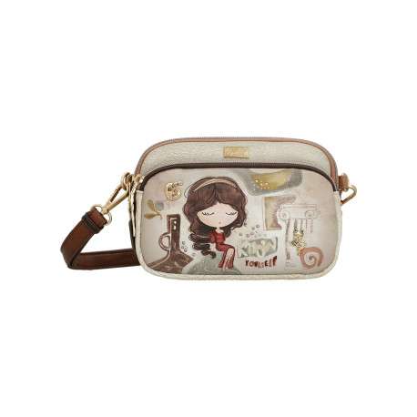 Mini sac beige avec des imprimés et une anse et deux zips