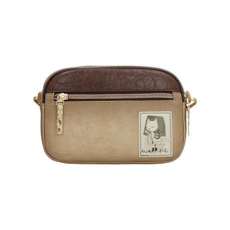 Mini sac beige avec des imprimés et une anse et deux zips - Image 2