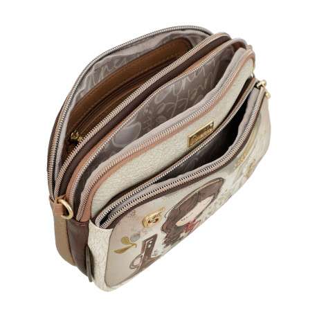 Mini sac beige avec des imprimés et une anse et deux zips - Image 5